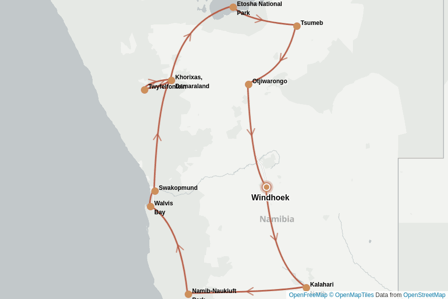 Itinerary Map image for Namibia intensiv: Von Dünen bis Etosha