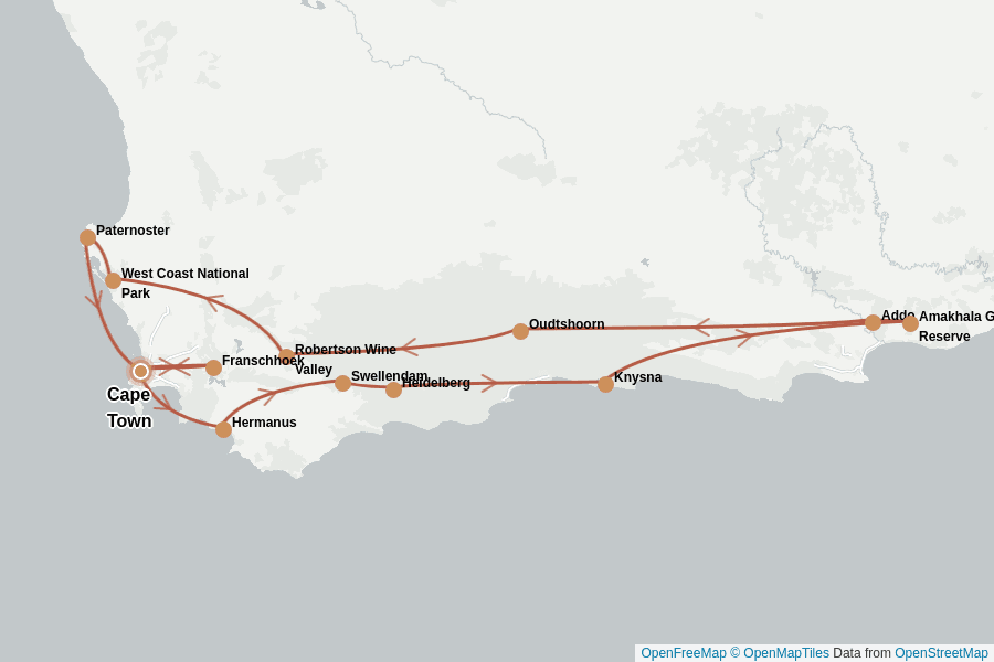 Itinerary Map image for Garden Route Kapstadt Rundreise