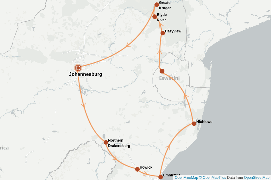 Itinerary Map image for Südafrika & eSwatini Rundreise 2 Wochen