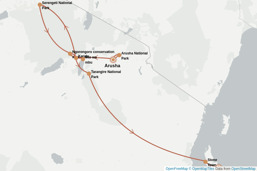 Itinerary Map image for Tansania & Sansibar: Safari & Strand erleben