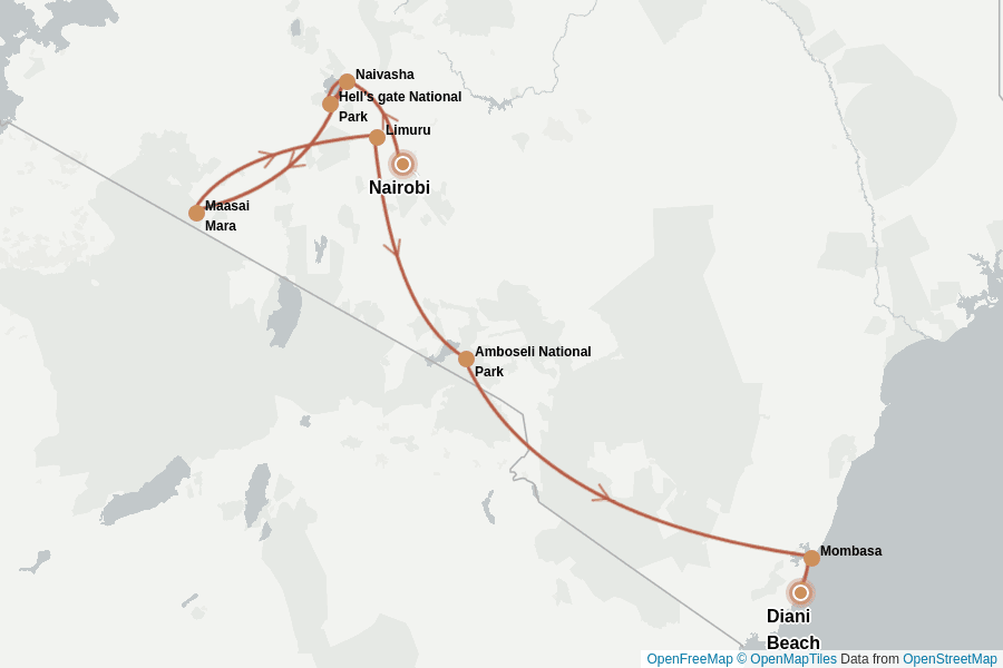 Itinerary Map image for Kenia pur: Safari bis zum Strand