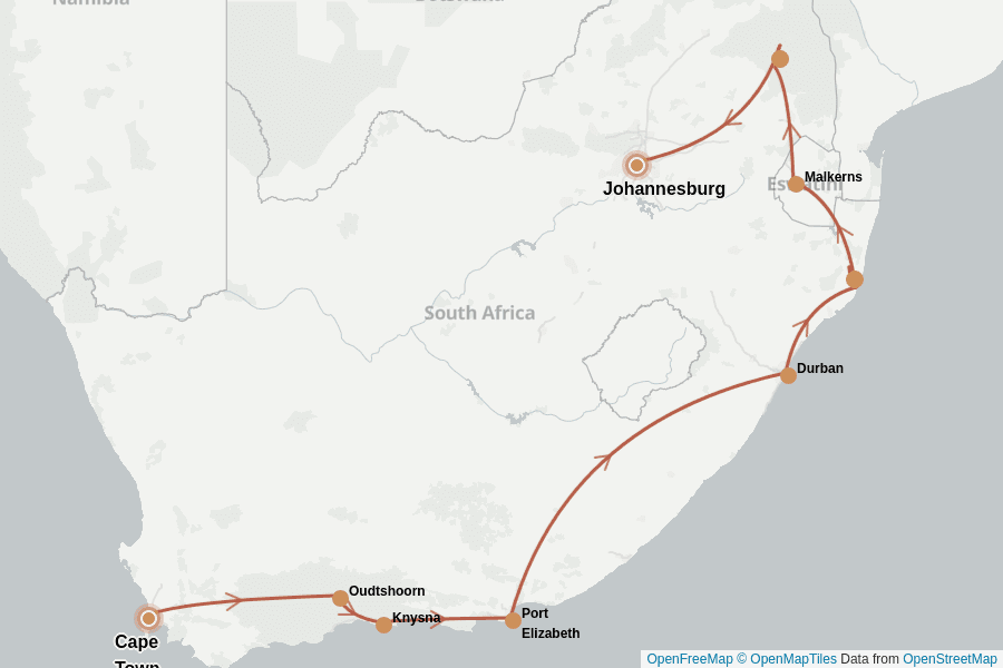 Itinerary Map image for Südafrika Highlights Rundreise 2 Wochen