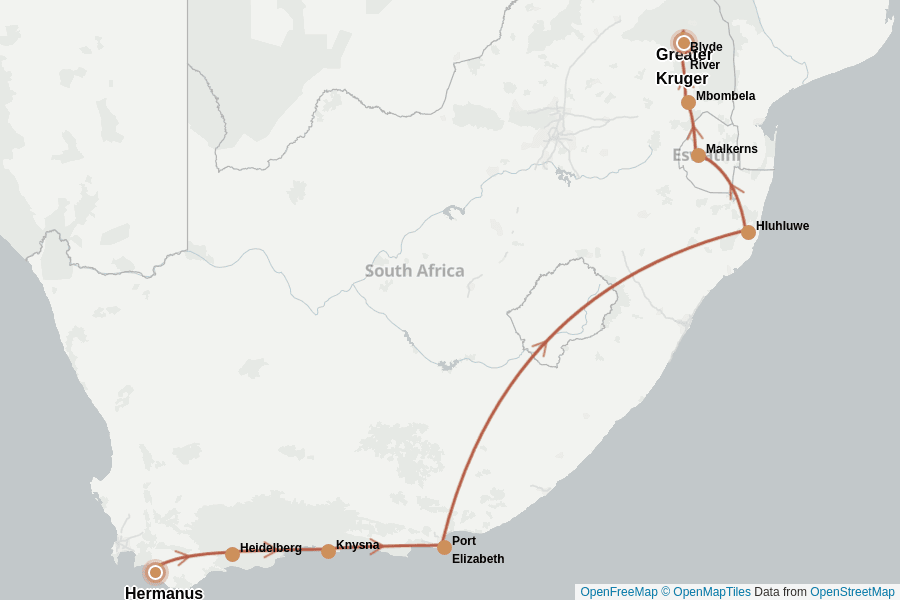 Itinerary Map image for Rundreise Südafrika Selbstfahrer