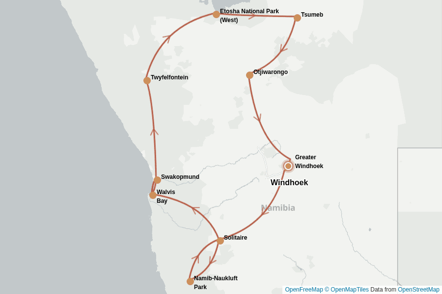 Itinerary Map image for Namibia intensiv: Von Dünen bis Etosha