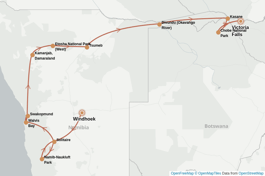 Itinerary Map image for Namibia & Botswana: Safari & Victoriafälle erleben