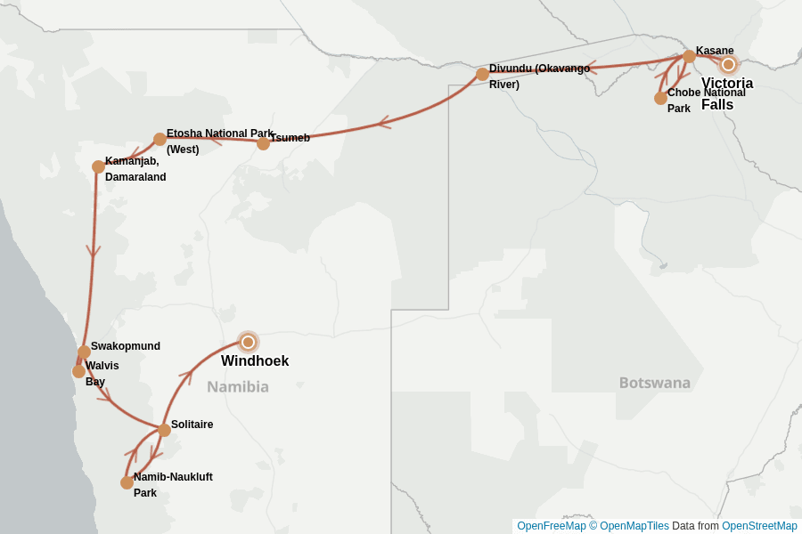 Itinerary Map image for Victoriafälle bis Namibia: Safari & Wüste erleben