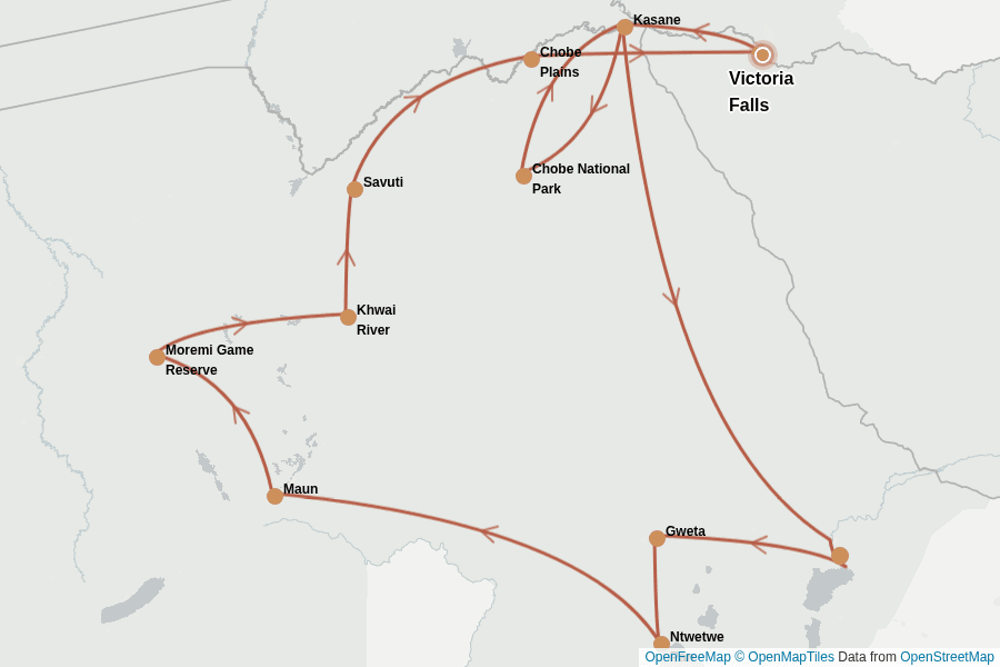 Itinerary Map image for Botswana intensiv: Safari, Fluss & Salzpfannen