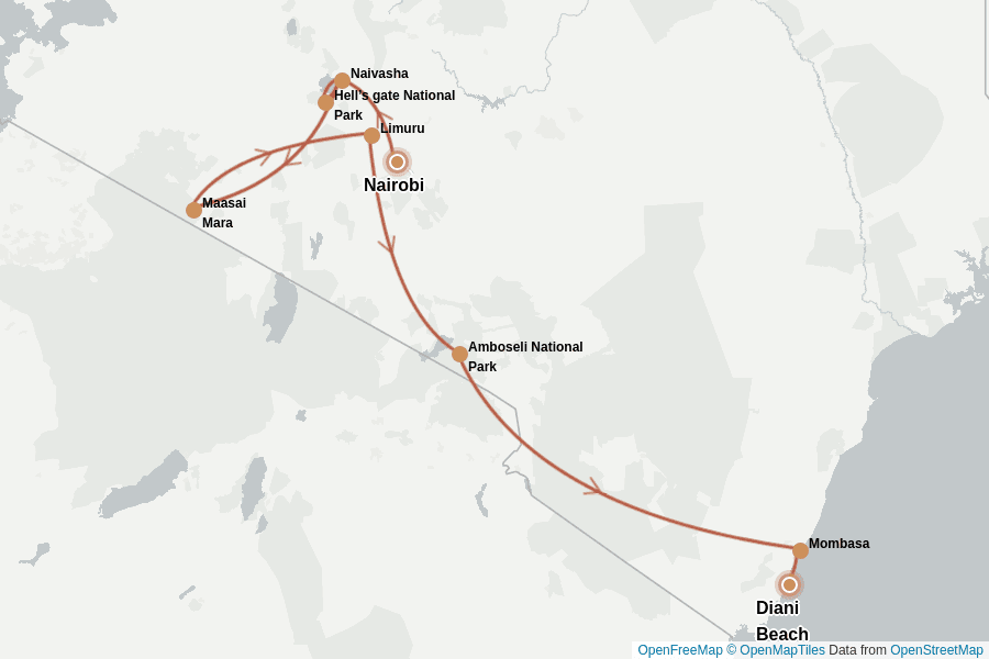 Itinerary Map image for Kenia pur: Safari bis zum Strand