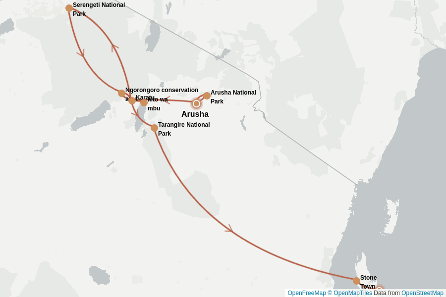 Itinerary Map image for Tansania & Sansibar: Safari & Strand erleben