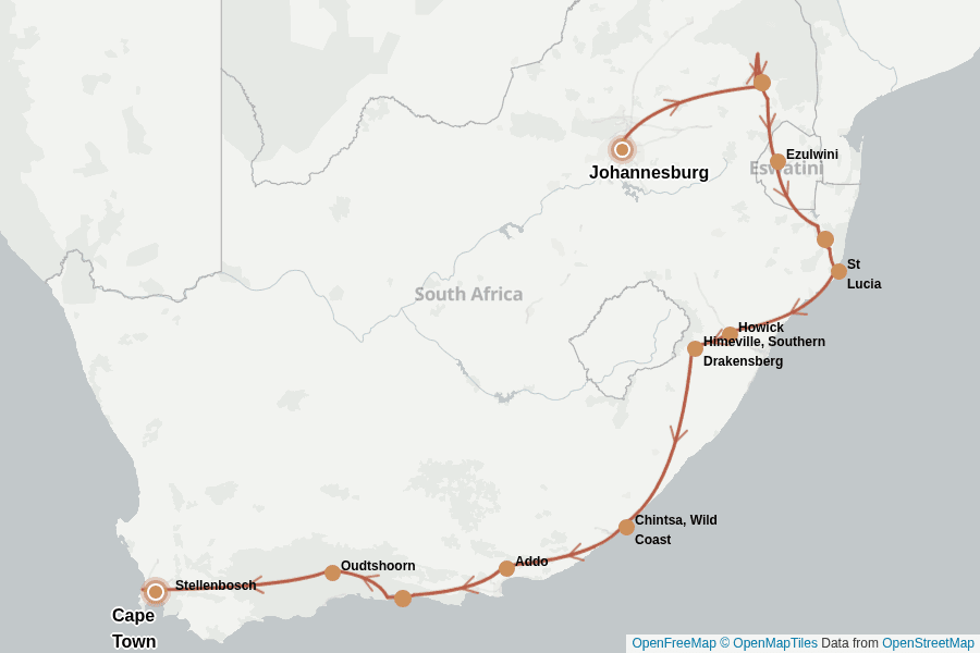Itinerary Map image for Südafrika: Kapstadt, Kruger & Garden Route